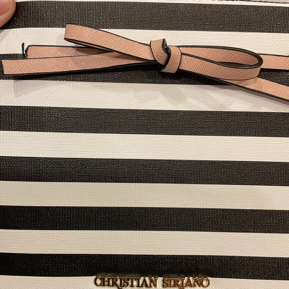 CHRISTIAN SIRIANO PINSTRIPED BAG CROSSBODY CONVERTIBLE PURSE BLACK WHITE PINK - Picture 8 of 11